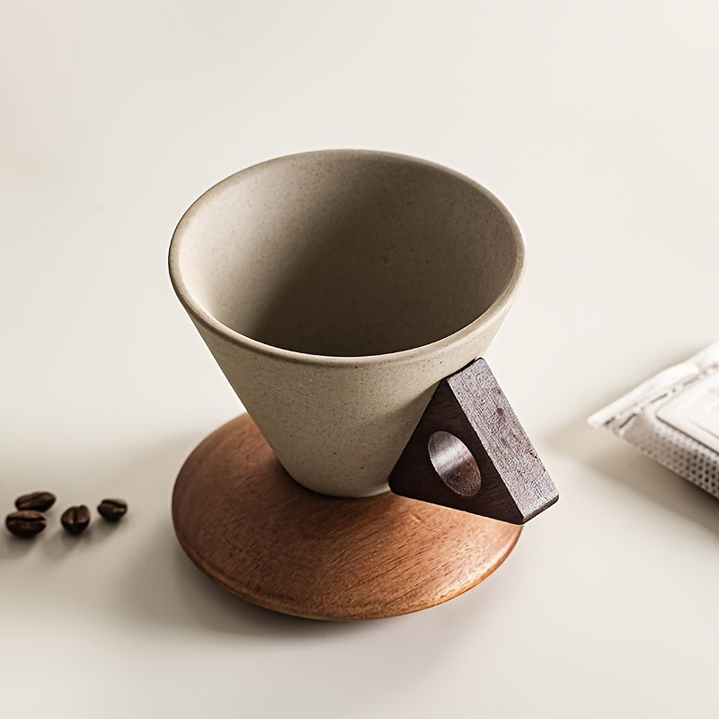 BaristaLuxe Keramik-Kaffeetasse 250ml – Handgefertigt mit Holzgriff und Untersetzer