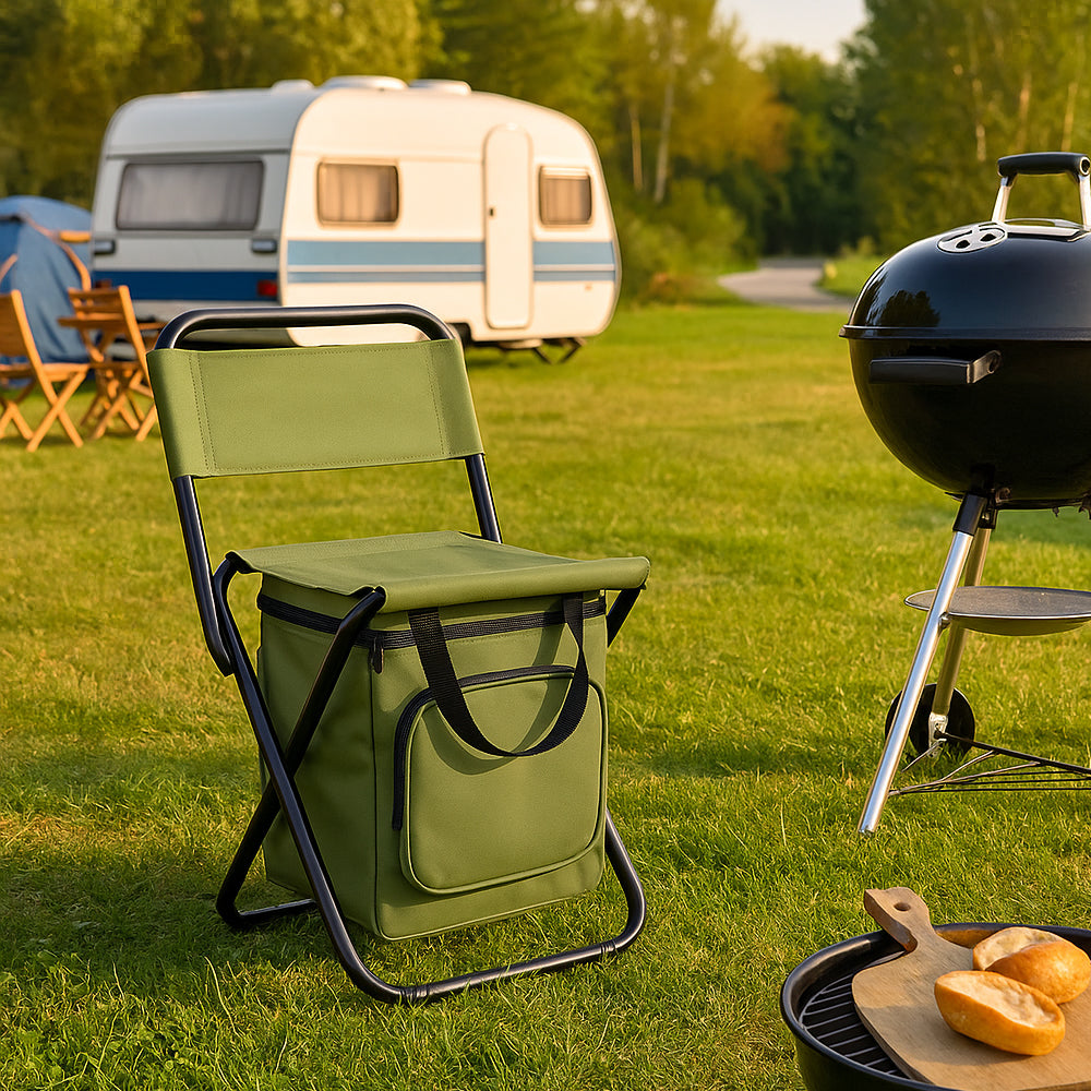 Klappbarer Campingstuhl mit Rückenlehne und Kühltasche – Grün