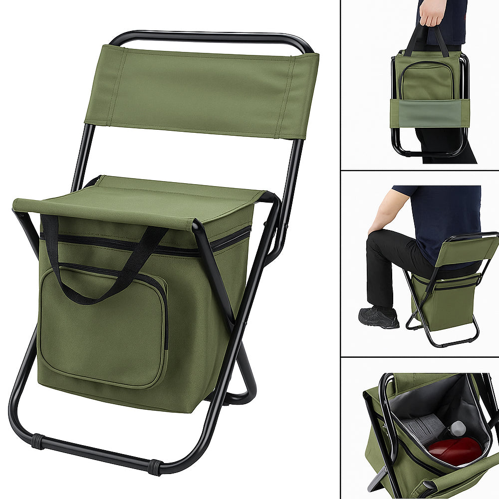 Klappbarer Campingstuhl mit Rückenlehne und Kühltasche – Grün
