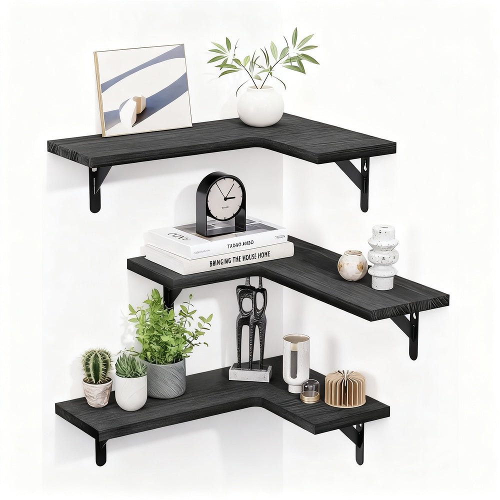 Wandregal in L-Form aus Holz und Metall