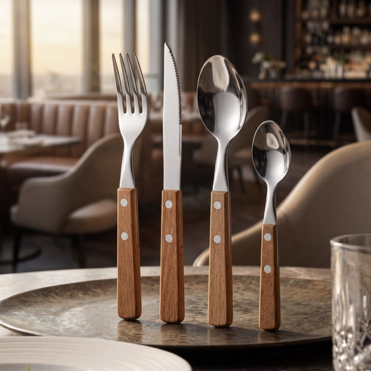 12-Piece Stainless Steel Cutlery Set with Wooden Handles
