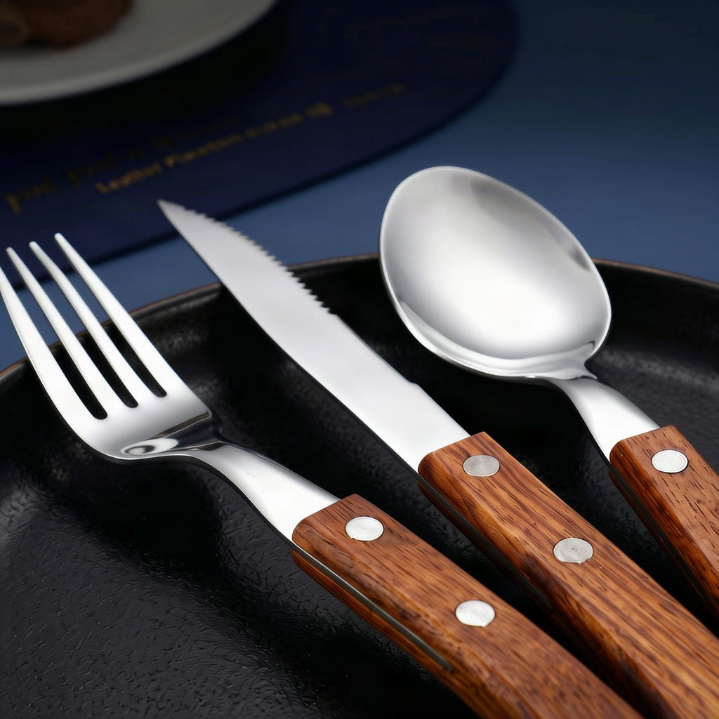 12-Piece Stainless Steel Cutlery Set with Wooden Handles
