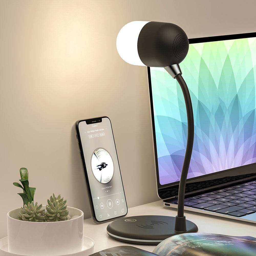 Tischleuchte mit Bluetooth-Lautsprecher und kabellosem Ladegerät
