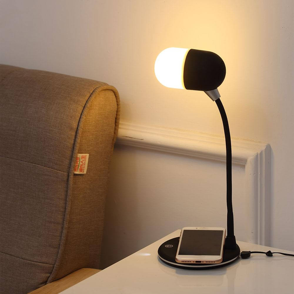Tischleuchte mit Bluetooth-Lautsprecher und kabellosem Ladegerät