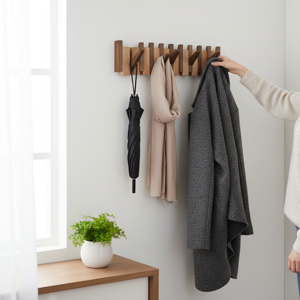 Elegante Garderobenleiste aus Holz im Klavier-Design