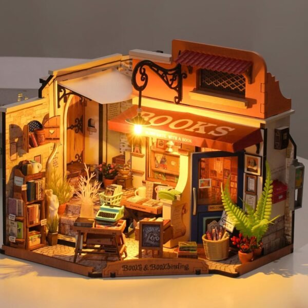 ROBOTIME DIY Miniature House Kit Corner Bookstore, Wooden Dollhouse Model Building Kit With LED For Adults And Children, Birthday Gift DG164