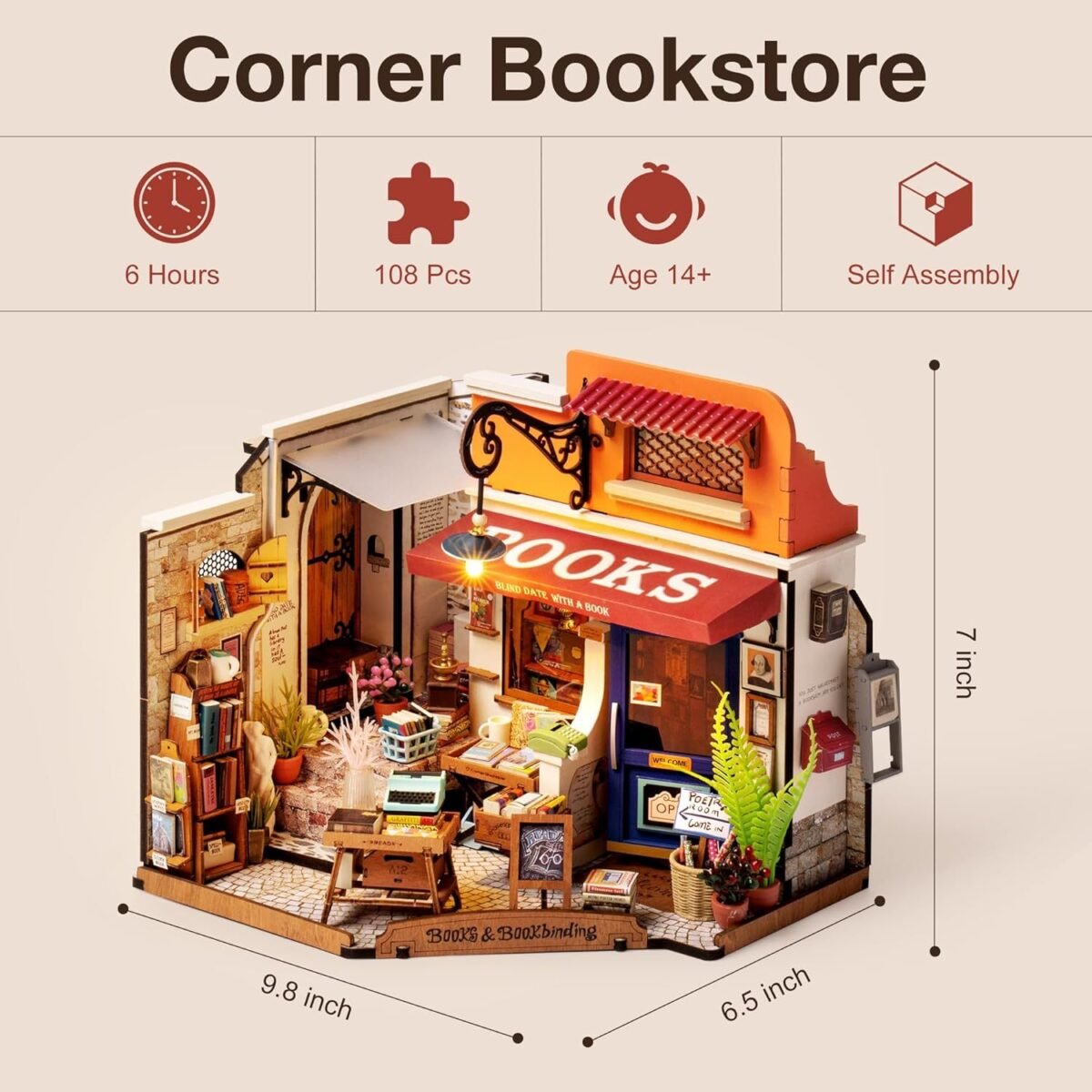 ROBOTIME DIY Miniature House Kit Corner Bookstore, Wooden Dollhouse Model Building Kit With LED For Adults And Children, Birthday Gift DG164 - Image 7