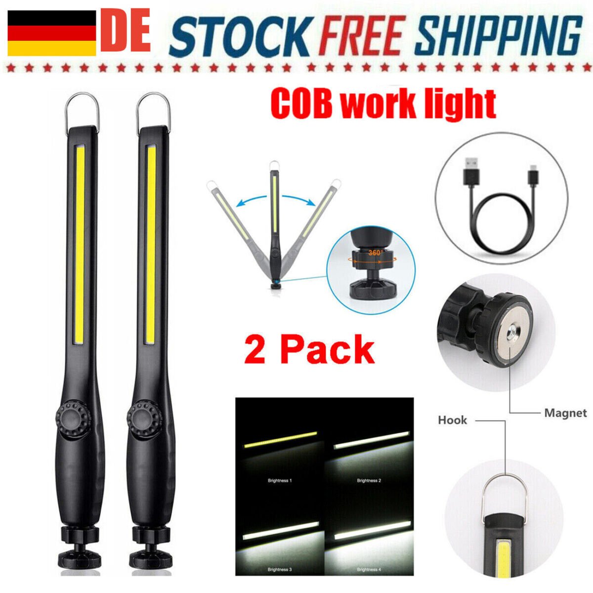 2cfe4582-fbcc-47ac-91b5-510f52788eaf.jpg USB Rechargeable Work Light Magnetic LED Flashlight Flexible Cordless Torch Automotive Inspection Emergency Light 2 PACK - Image 1