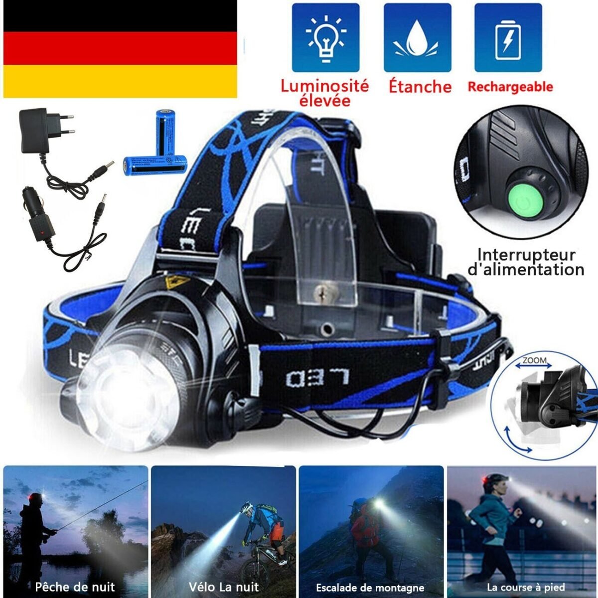 56f0dffd-4e95-4a9f-a577-dc067d2ac312.jpg LED Headlamp Rechargeable Head Torch Zoom Headlight Super Bright Flashlight 3 Modes Work Light With 2 Li-ion Batteries 2 Charger - Image 1