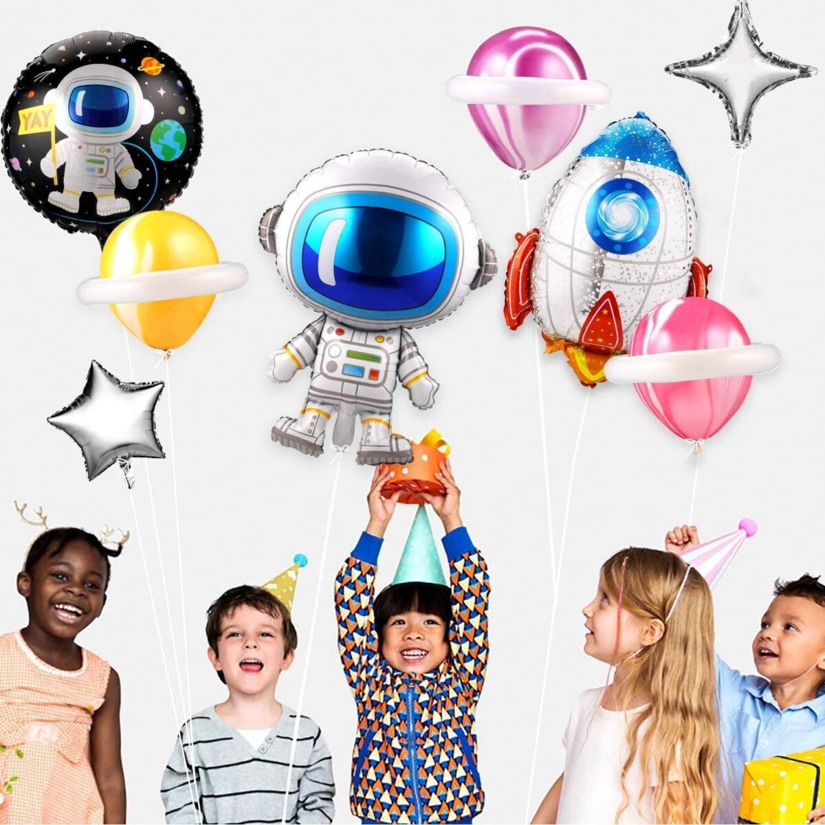 55 Pcs Metallic Balloons Blue Astronaut Rocket Foil Balloons Happy Birthday - Image 3