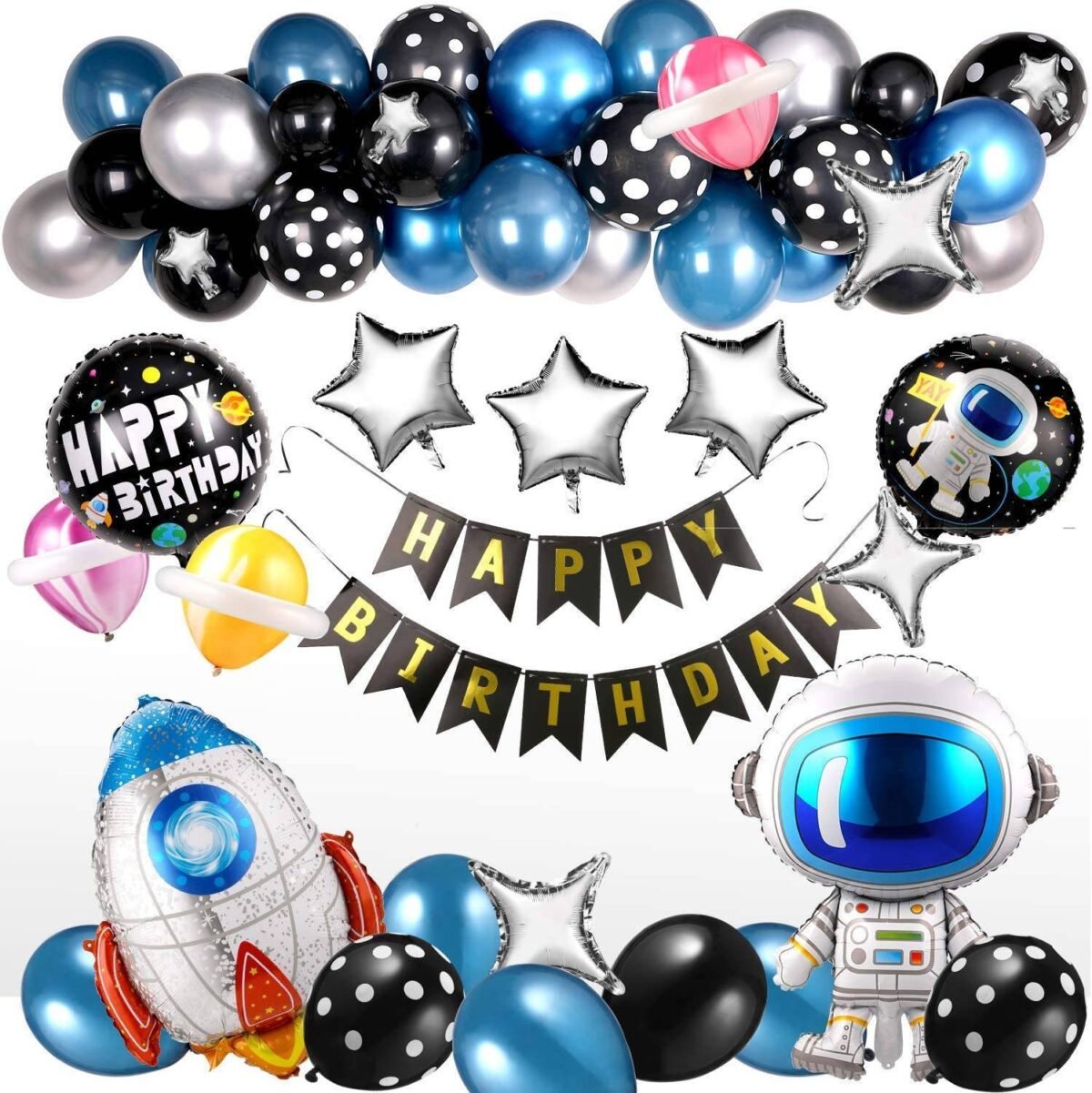 55 Pcs Metallic Balloons Blue Astronaut Rocket Foil Balloons Happy Birthday - Image 1