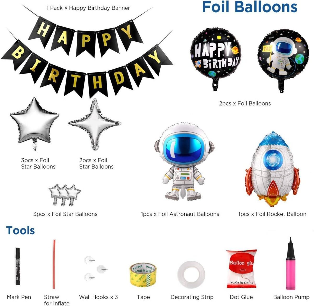 55 Pcs Metallic Balloons Blue Astronaut Rocket Foil Balloons Happy Birthday - Image 2
